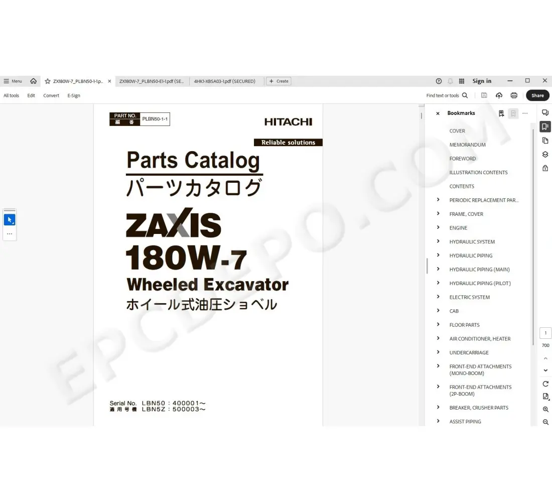 Hitachi excavator Zaxis ZX180W-7 spare parts manual